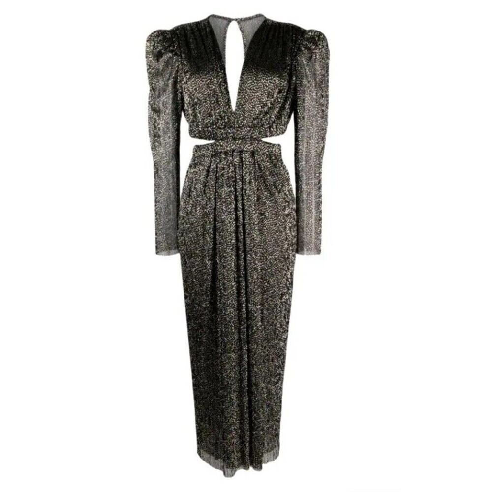 Sabina Musayev Henrietta Black Gold Pleated Cut Out Dress Print Sz S NWT $450